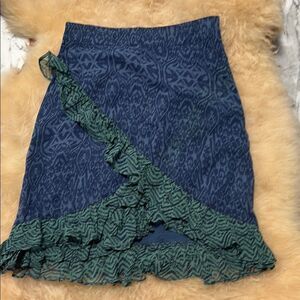 Free People Around the World Elegant Blue and Green Patterned Faux Wrap Skirt